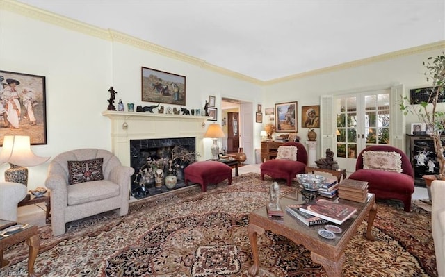 living room featuring french doors, a high end fireplace, and crown molding