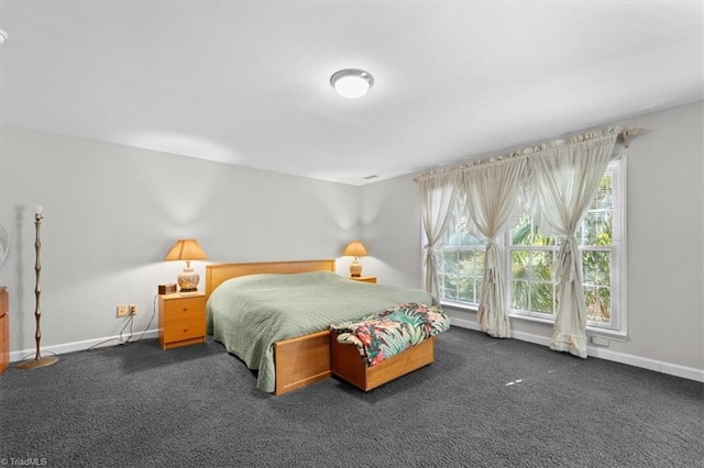 bedroom with dark colored carpet