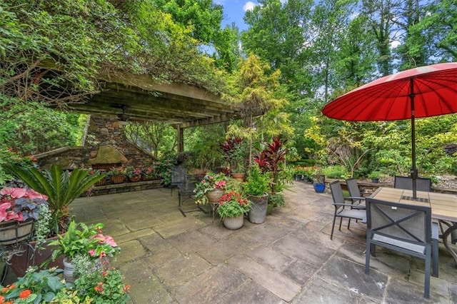 view of patio / terrace featuring an outdoor fireplace