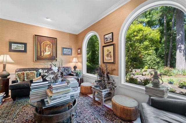 living area with crown molding