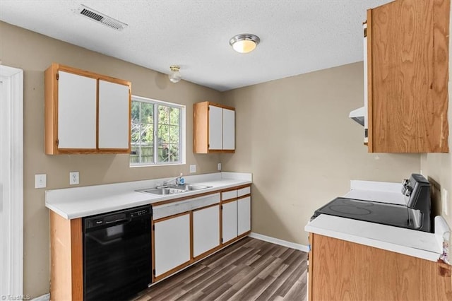 4103 Scotney Dr, Greensboro, NC 27407 - kitchen featuring dishwasher, range with electric stovetop, dark wood finished floors, light countertops, and white cabinets