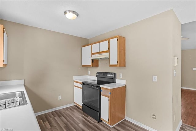 4103 Scotney Dr, Greensboro, NC 27407 - kitchen featuring black / electric stove, under cabinet range hood, dark wood-type flooring, and light countertops