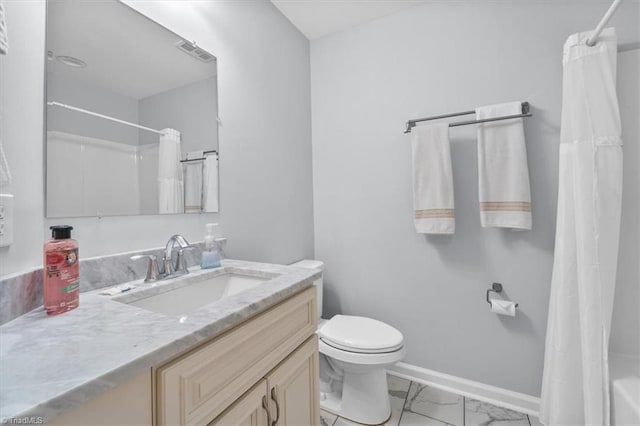 bathroom with visible vents, toilet, marble finish floor, a shower with curtain, and baseboards