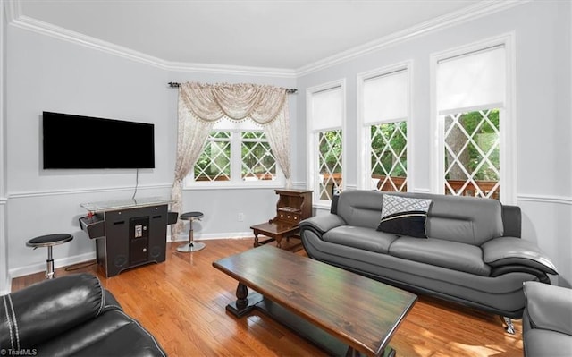 living area with baseboards, wood finished floors, and crown molding