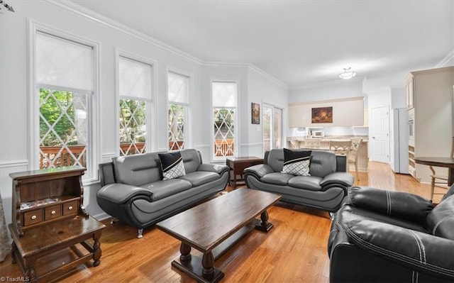 living room with light wood finished floors and crown molding
