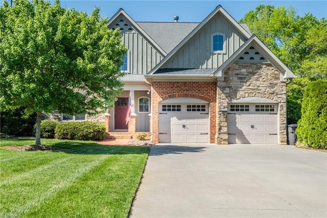 craftsman inspired home with roof with shingles, a front lawn, stone siding, board and batten siding, and concrete driveway
