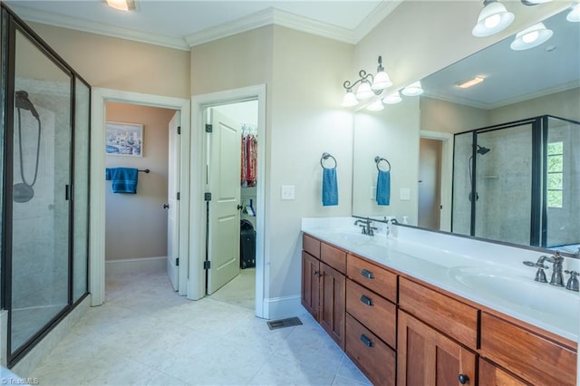 full bathroom with double vanity, a sink, ornamental molding, and a shower stall