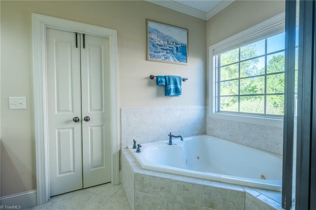 full bathroom with crown molding, tile patterned flooring, and a whirlpool tub