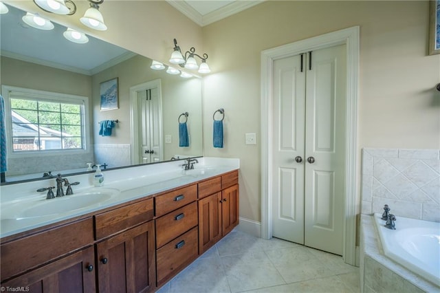 full bathroom with a garden tub, double vanity, ornamental molding, tile patterned floors, and a sink