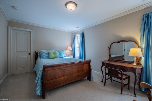 bedroom featuring baseboards, light colored carpet, ornamental molding, and visible vents