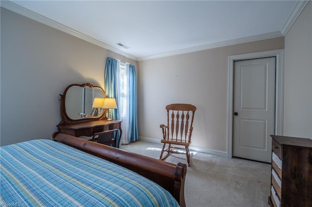 bedroom with baseboards, visible vents, light carpet, and ornamental molding