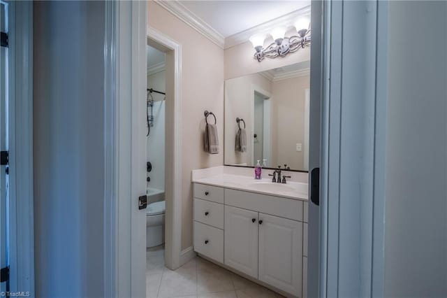 bathroom featuring vanity, crown molding, tile patterned flooring, toilet, and shower / bathing tub combination