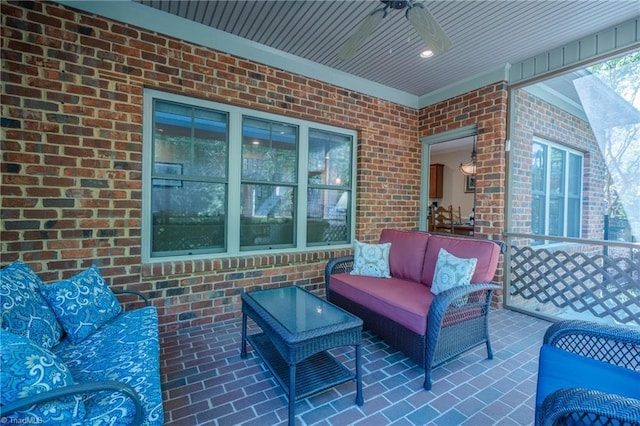 view of patio featuring ceiling fan and an outdoor hangout area