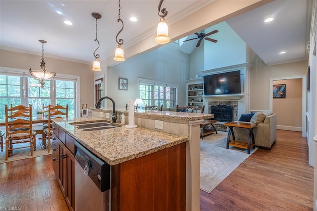 kitchen featuring a sink, a healthy amount of sunlight, ceiling fan, and dishwasher
