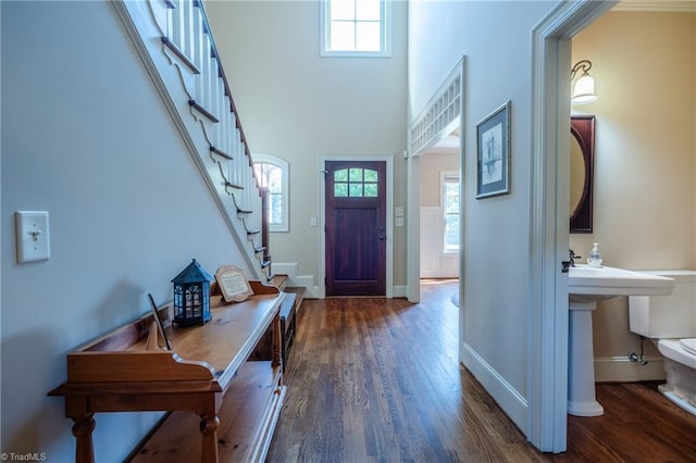 foyer with baseboards, a healthy amount of sunlight, stairway, and dark wood-style floors