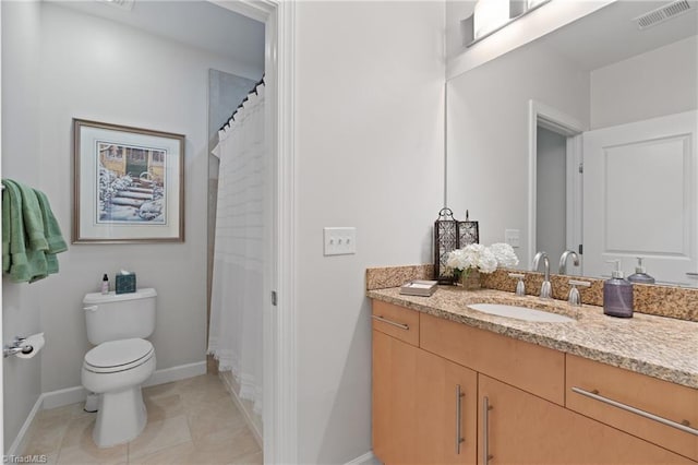 bathroom with tile patterned flooring, vanity, toilet, and a shower with curtain