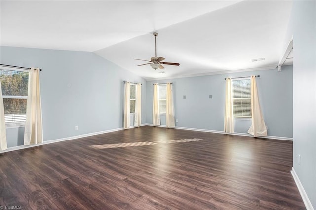 unfurnished room with vaulted ceiling, ceiling fan, and dark hardwood / wood-style flooring