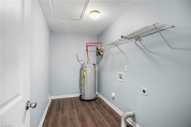 laundry area with hookup for a washing machine, hookup for an electric dryer, hardwood / wood-style flooring, and electric water heater