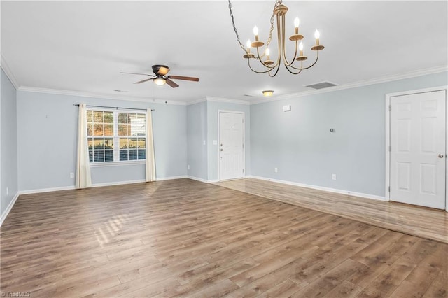 unfurnished room featuring ceiling fan with notable chandelier, ornamental molding, and light hardwood / wood-style floors