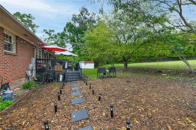 view of yard featuring a storage shed