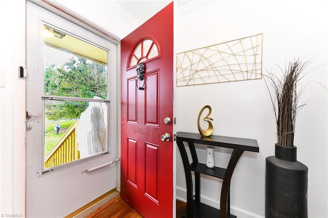 entryway featuring crown molding and dark hardwood / wood-style floors