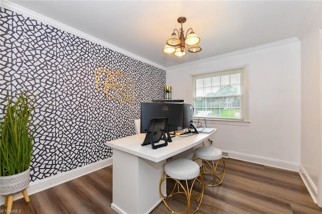 office area with a notable chandelier, dark hardwood / wood-style floors, and ornamental molding