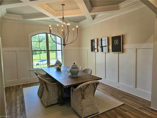 dining area with beamed ceiling, coffered ceiling, dark wood-type flooring, and a notable chandelier