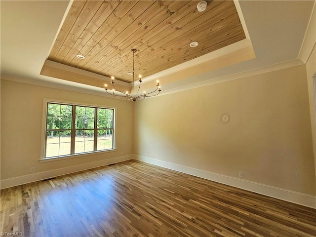 unfurnished room featuring a raised ceiling, wood ceiling, wood-type flooring, and an inviting chandelier