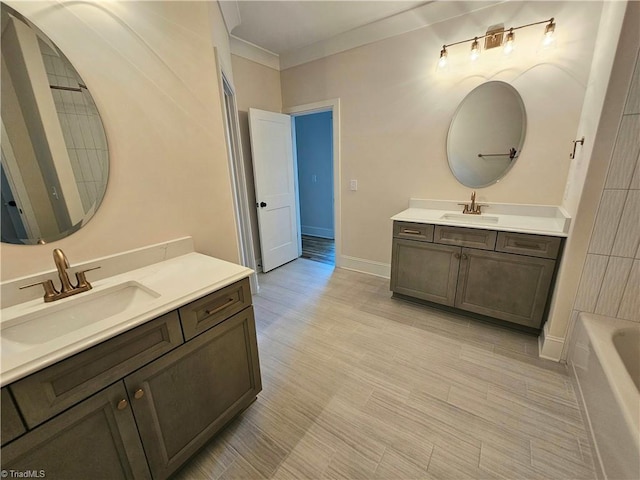 bathroom with vanity, ornamental molding, and a washtub