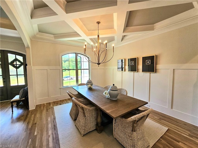 dining space featuring coffered ceiling, dark wood-type flooring, beam ceiling, a chandelier, and electric panel