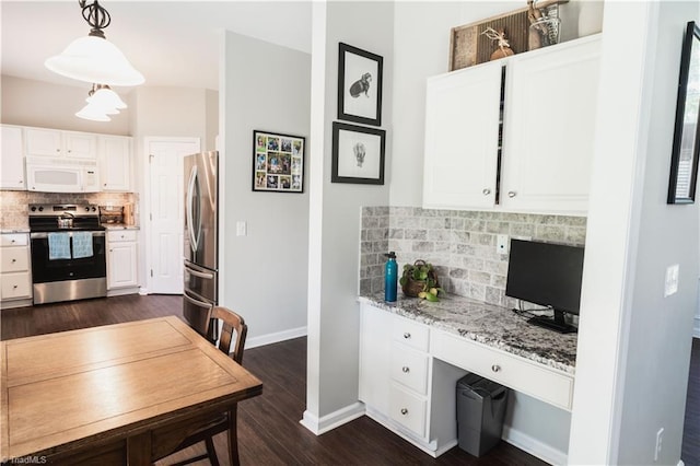 kitchen featuring appliances with stainless steel finishes, decorative backsplash, baseboards, white cabinets, and dark wood-style flooring