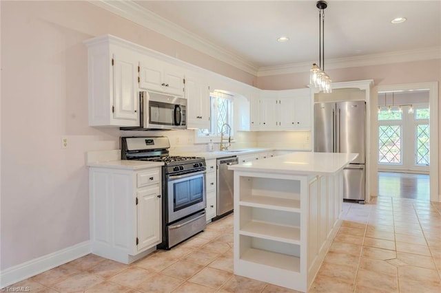 kitchen with stainless steel appliances, light countertops, and light tile patterned floors