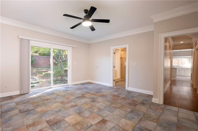 unfurnished room featuring ornamental molding, hardwood / wood-style floors, and ceiling fan