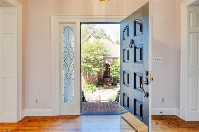entrance foyer with baseboards and wood finished floors