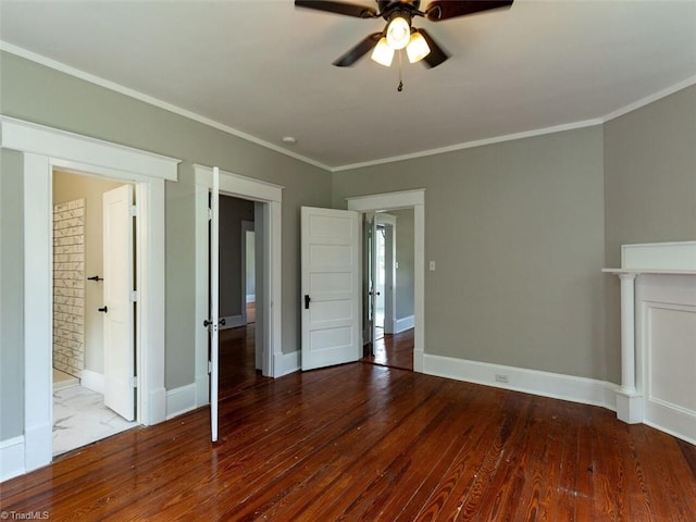 interior space featuring ceiling fan, wood-type flooring, and ornamental molding