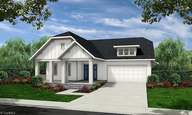 view of front of home with a front lawn, board and batten siding, covered porch, concrete driveway, and an attached garage