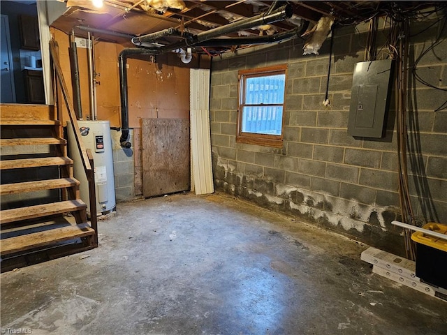 basement featuring water heater and electric panel