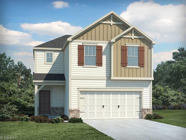 craftsman-style home featuring a garage and a front lawn