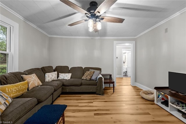 1105 Hawthorne Ln, Burlington, NC 27215 - living room with ceiling fan, light wood-style flooring, baseboards, and ornamental molding