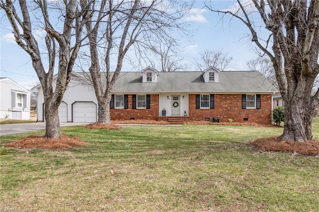 cape cod house with crawl space, brick siding, and a front lawn