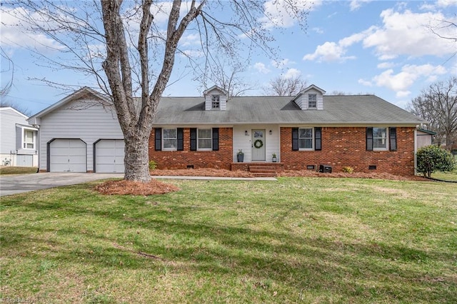 view of front of property with concrete driveway, brick siding, crawl space, and a front lawn