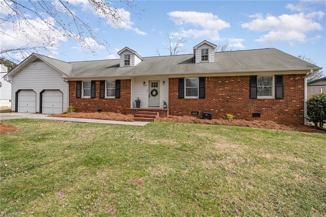 view of front of home with driveway, brick siding, crawl space, and a front yard