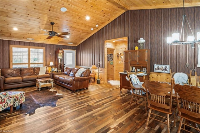 living room featuring wood ceiling, wood-type flooring, vaulted ceiling, and wooden walls