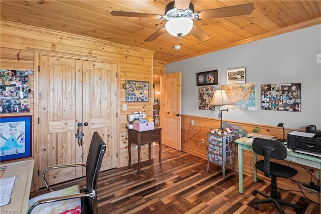 home office with ceiling fan, dark hardwood / wood-style flooring, wooden ceiling, crown molding, and wooden walls