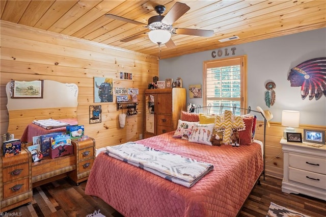 bedroom featuring dark hardwood / wood-style flooring, wooden walls, wooden ceiling, and ceiling fan