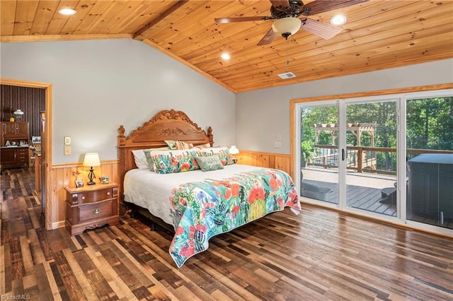 bedroom featuring ceiling fan, dark hardwood / wood-style flooring, access to outside, wooden ceiling, and vaulted ceiling with beams