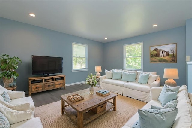 living area with wood finished floors, baseboards, and recessed lighting