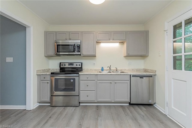 kitchen featuring gray cabinetry, appliances with stainless steel finishes, light wood-style flooring, and a sink