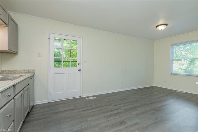 interior space featuring visible vents, baseboards, a sink, and dark wood-style floors