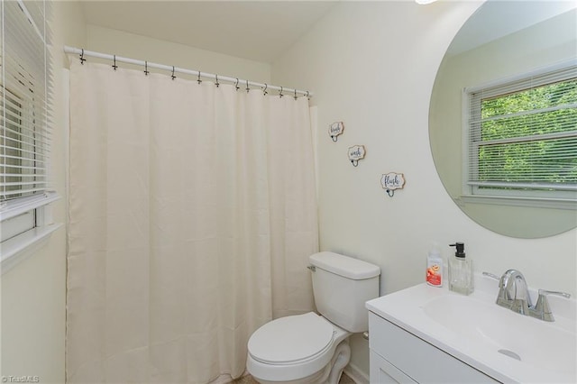 bathroom featuring toilet, vanity, and curtained shower